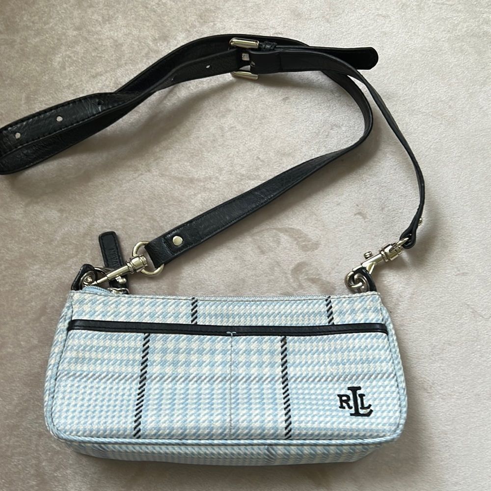 VTG Ralph Lauren Baby Blue & Navy Tweed Plaid Crossbody Bagguette Handbag